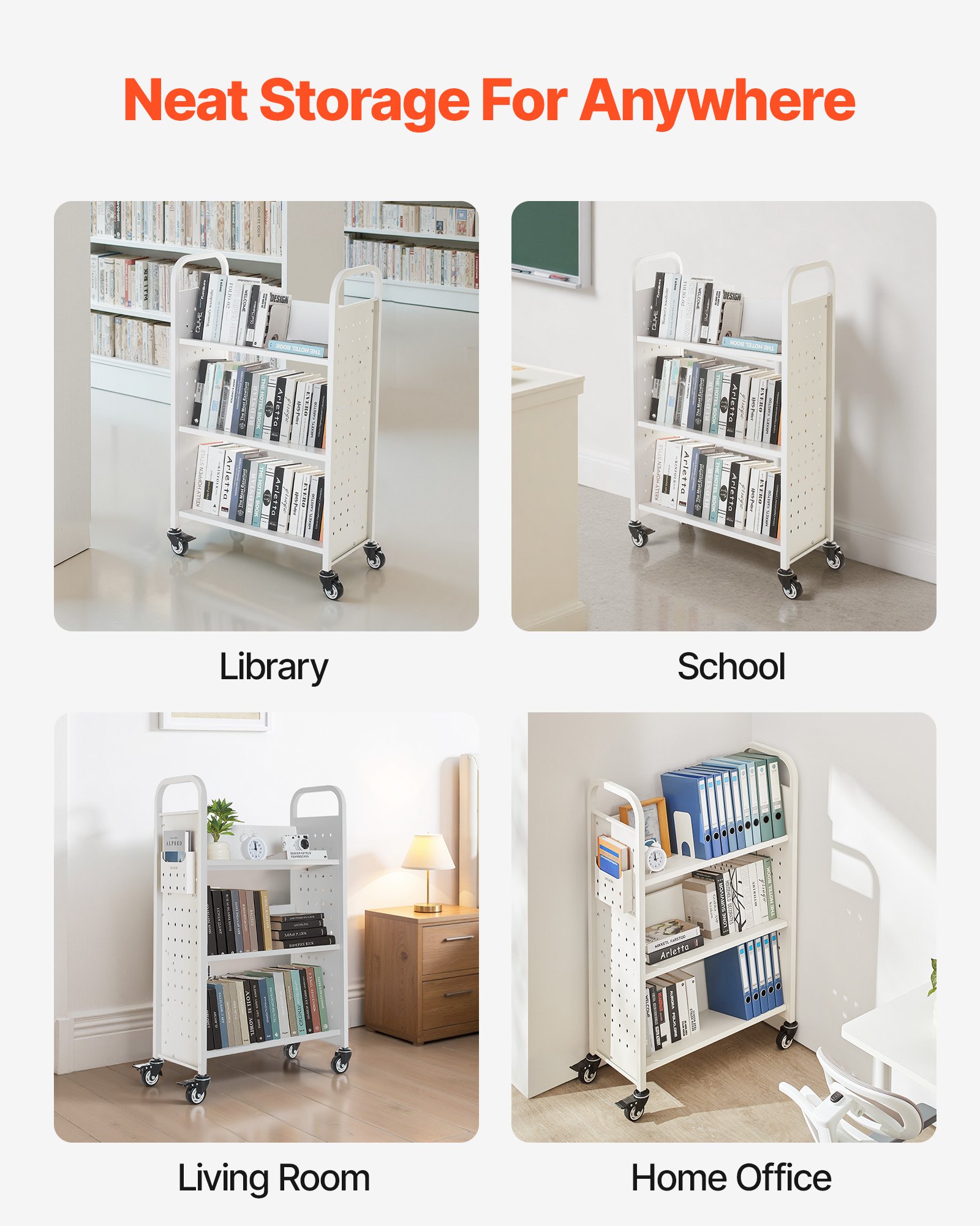 VEVOR Boekenwagen, draagvermogen 150 kg, Bibliotheekwagen, 77 x 38 x 122 cm, enkelzijdige V-vormige boekenplank met dubbele remwielen, voor woonkamer, kantoor, school, wit