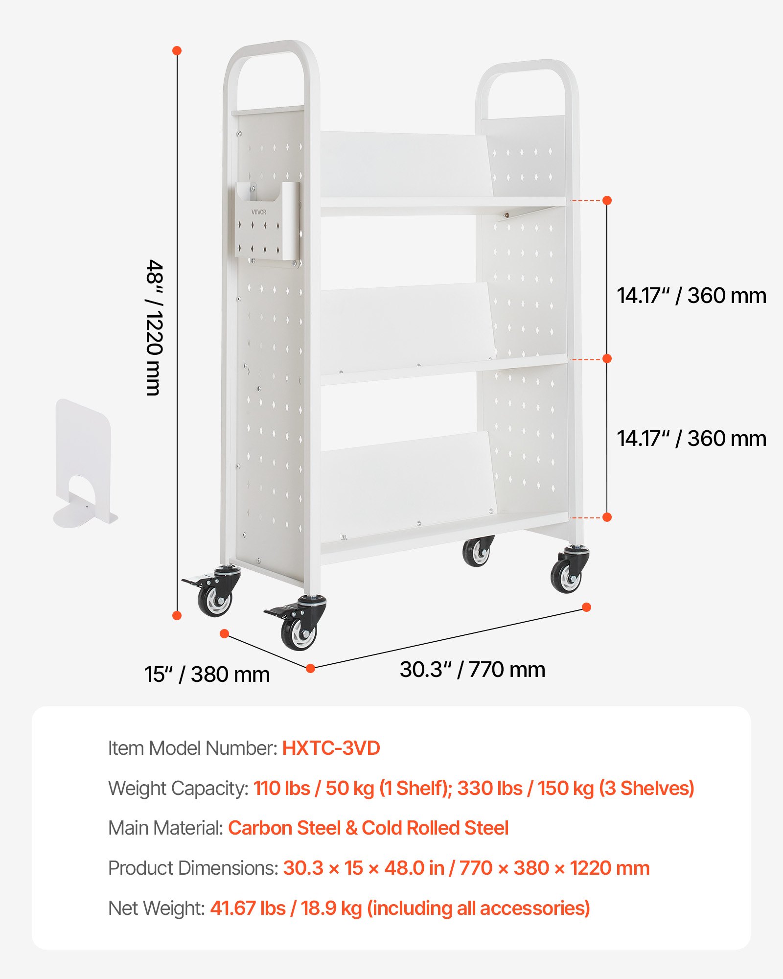 VEVOR Boekenwagen, draagvermogen 150 kg, Bibliotheekwagen, 77 x 38 x 122 cm, enkelzijdige V-vormige boekenplank met dubbele remwielen, voor woonkamer, kantoor, school, wit