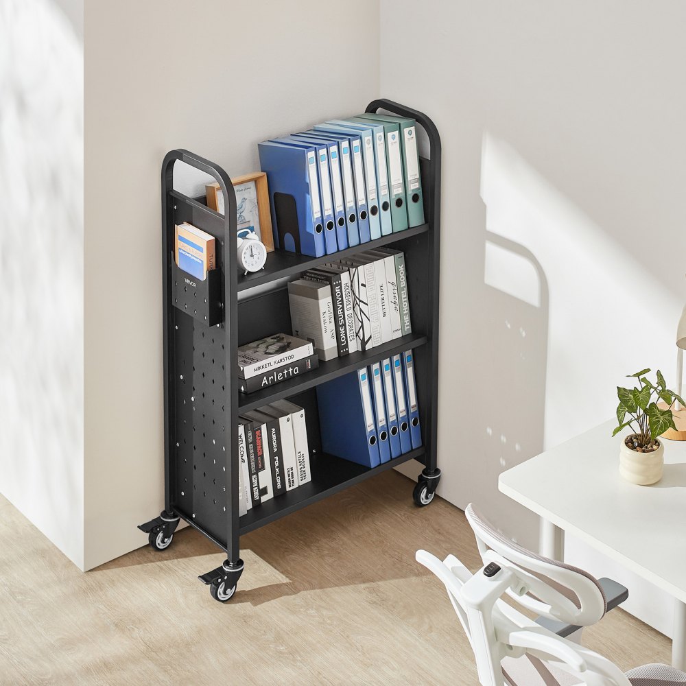 VEVOR Boekenwagen, draagvermogen 150 kg, Bibliotheekwagen, 77 x 38 x 122 cm, enkelzijdige V-vormige boekenplank met dubbele remwielen, Boekenplankwagen voor woonkamer, kantoor, school, zwart