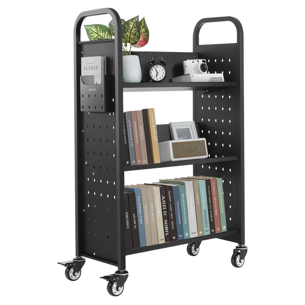 VEVOR Boekenwagen, draagvermogen 150 kg, Bibliotheekwagen, 77 x 38 x 122 cm, enkelzijdige V-vormige boekenplank met dubbele remwielen, Boekenplankwagen voor woonkamer, kantoor, school, zwart