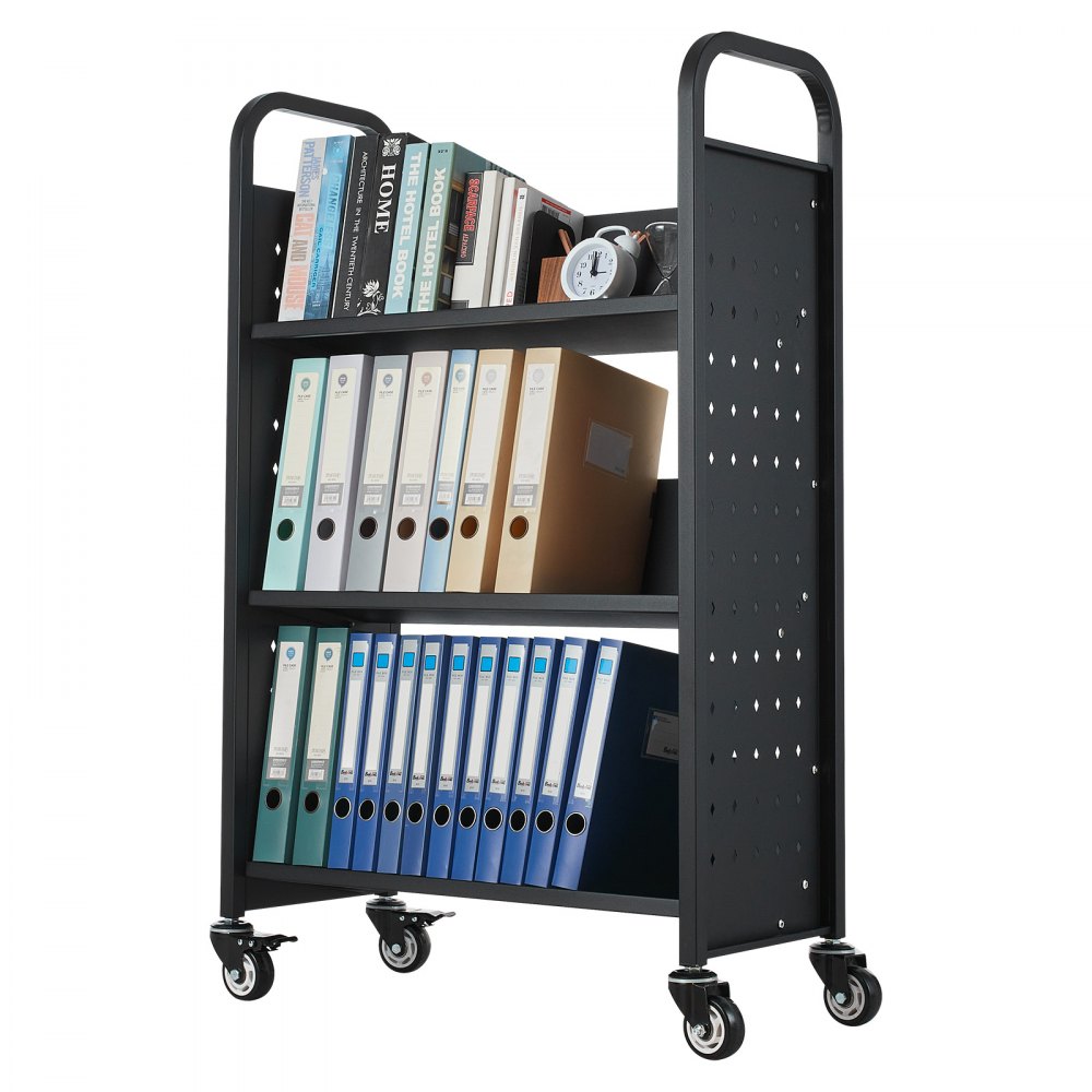 VEVOR Boekenwagen, draagvermogen 150 kg, Bibliotheekwagen, 77 x 38 x 122 cm, enkelzijdige V-vormige boekenplank met dubbele remwielen, Boekenplankwagen voor woonkamer, kantoor, school, zwart
