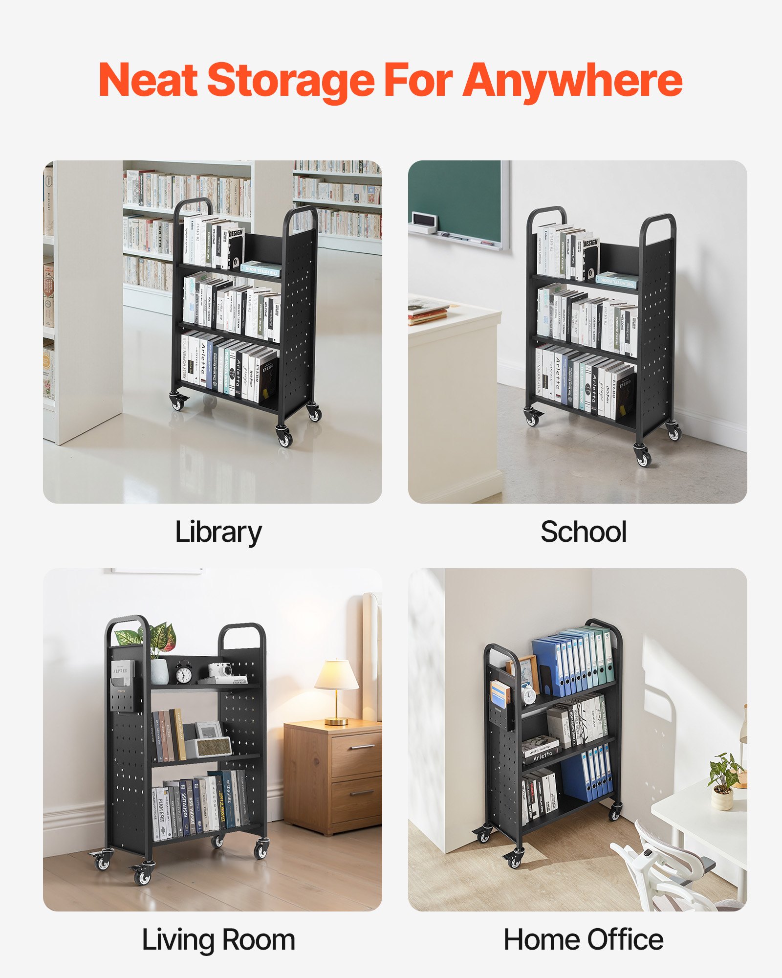 VEVOR Boekenwagen, draagvermogen 150 kg, Bibliotheekwagen, 77 x 38 x 122 cm, enkelzijdige V-vormige boekenplank met dubbele remwielen, Boekenplankwagen voor woonkamer, kantoor, school, zwart