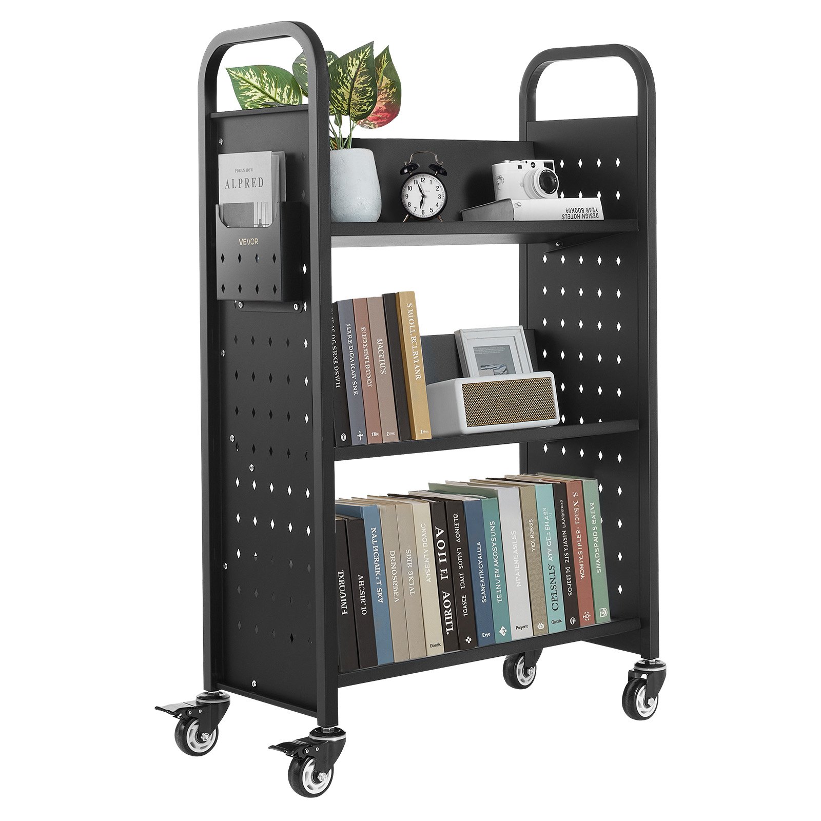 VEVOR Boekenwagen, draagvermogen 150 kg, Bibliotheekwagen, 77 x 38 x 122 cm, enkelzijdige V-vormige boekenplank met dubbele remwielen, Boekenplankwagen voor woonkamer, kantoor, school, zwart