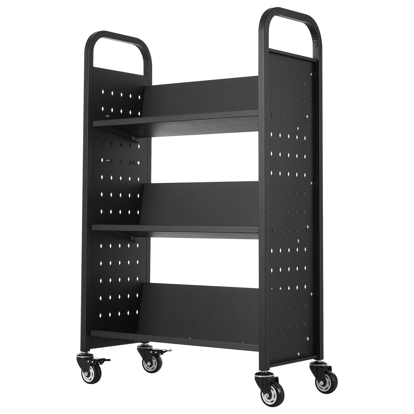 VEVOR Boekenwagen, draagvermogen 150 kg, Bibliotheekwagen, 77 x 38 x 122 cm, enkelzijdige V-vormige boekenplank met dubbele remwielen, Boekenplankwagen voor woonkamer, kantoor, school, zwart
