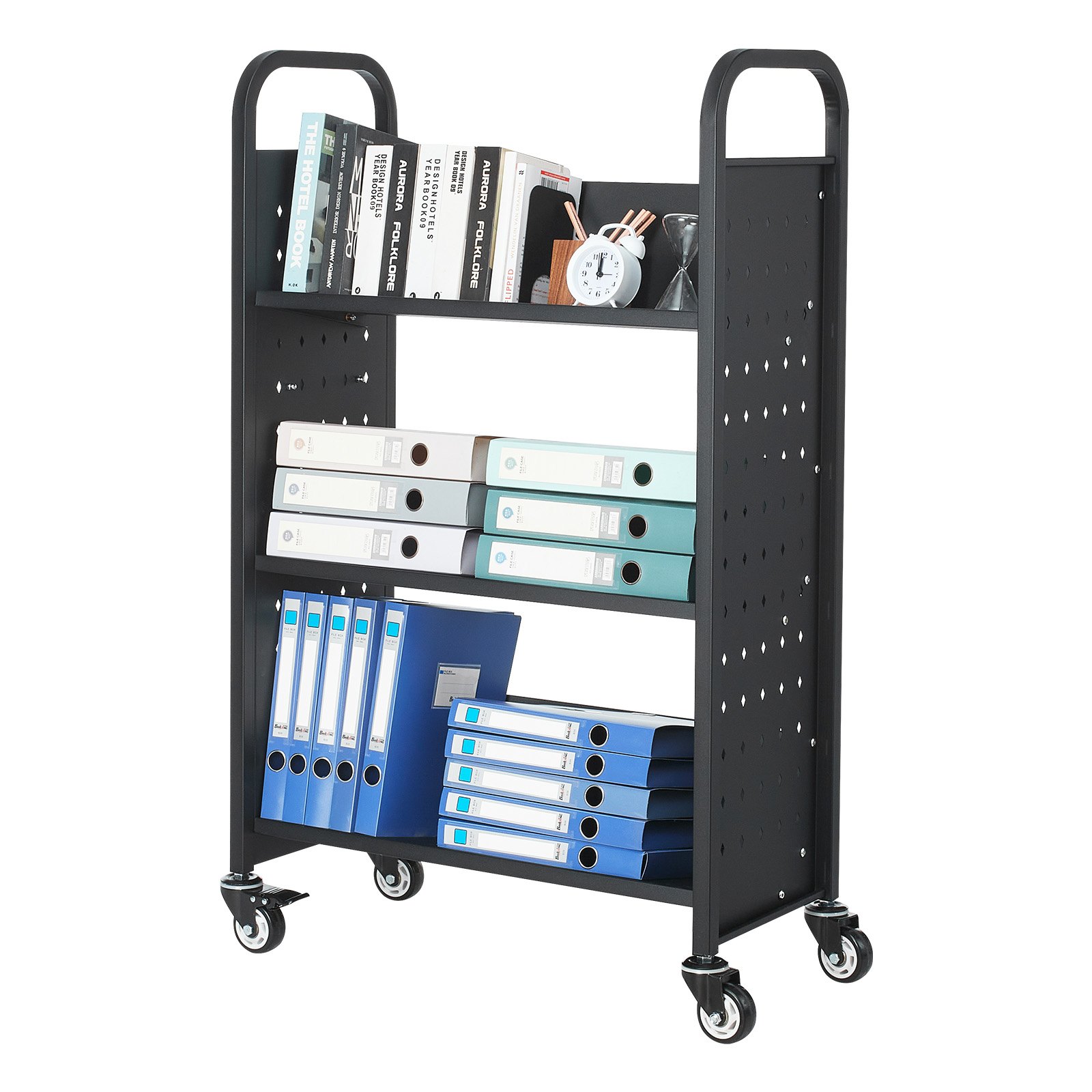 VEVOR Boekenwagen, draagvermogen 150 kg, Bibliotheekwagen, 77 x 38 x 122 cm, enkelzijdige V-vormige boekenplank met dubbele remwielen, Boekenplankwagen voor woonkamer, kantoor, school, zwart