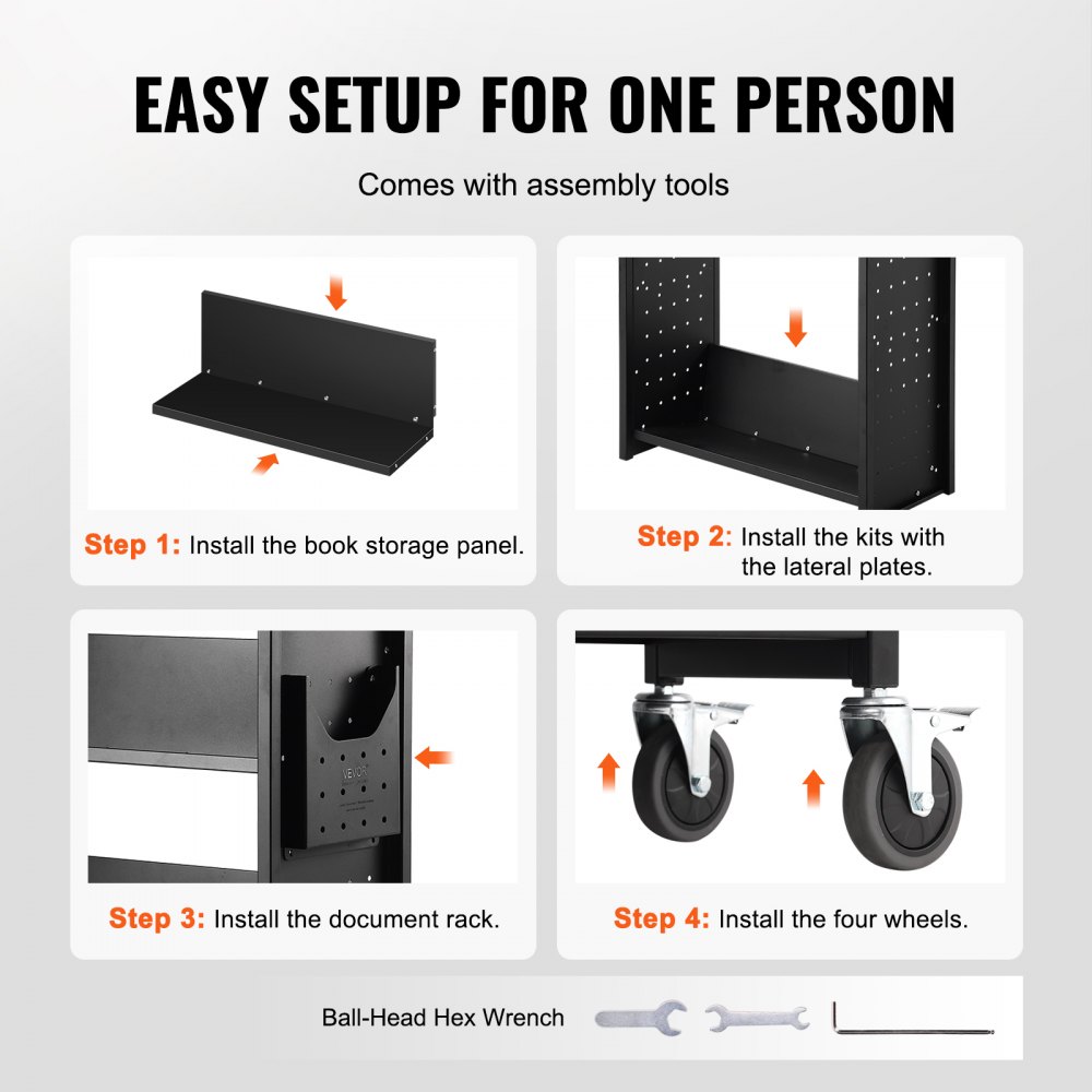 VEVOR Bibliotheekwagen 790x385x1250mm Vrije ruimtewagen 3 planken Boekenwagen Koolstofstaal + koudgewalst staalplaat Serveerwagen Draagvermogen 150 kg (50 kg per plank) Inclusief 2 boekensteunen