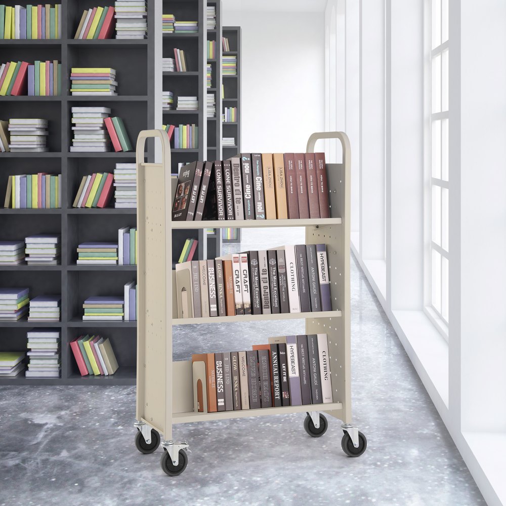VEVOR Bibliotheekkar 79x38,5x125cm Opruimkar 3 Planken Boekenkar Koolstofstaal + Koudgewalst Staalplaat Serveerkar Draagvermogen 150 kg (50 kg per plank) Inclusief 2 boekensteunen V-vormig Beige