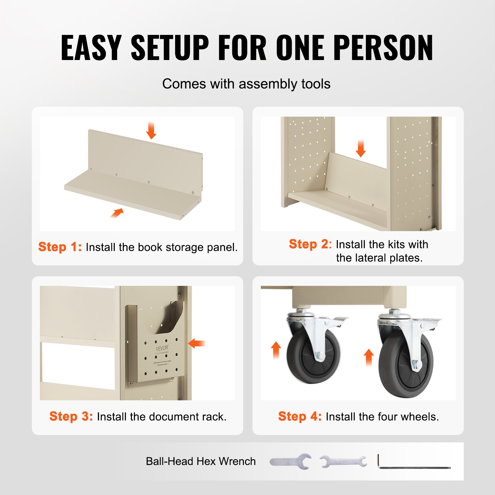 VEVOR Bibliotheekkar 79x38,5x125cm Opruimkar 3 Planken Boekenkar Koolstofstaal + Koudgewalst Staalplaat Serveerkar Draagvermogen 150 kg (50 kg per plank) Inclusief 2 boekensteunen V-vormig Beige