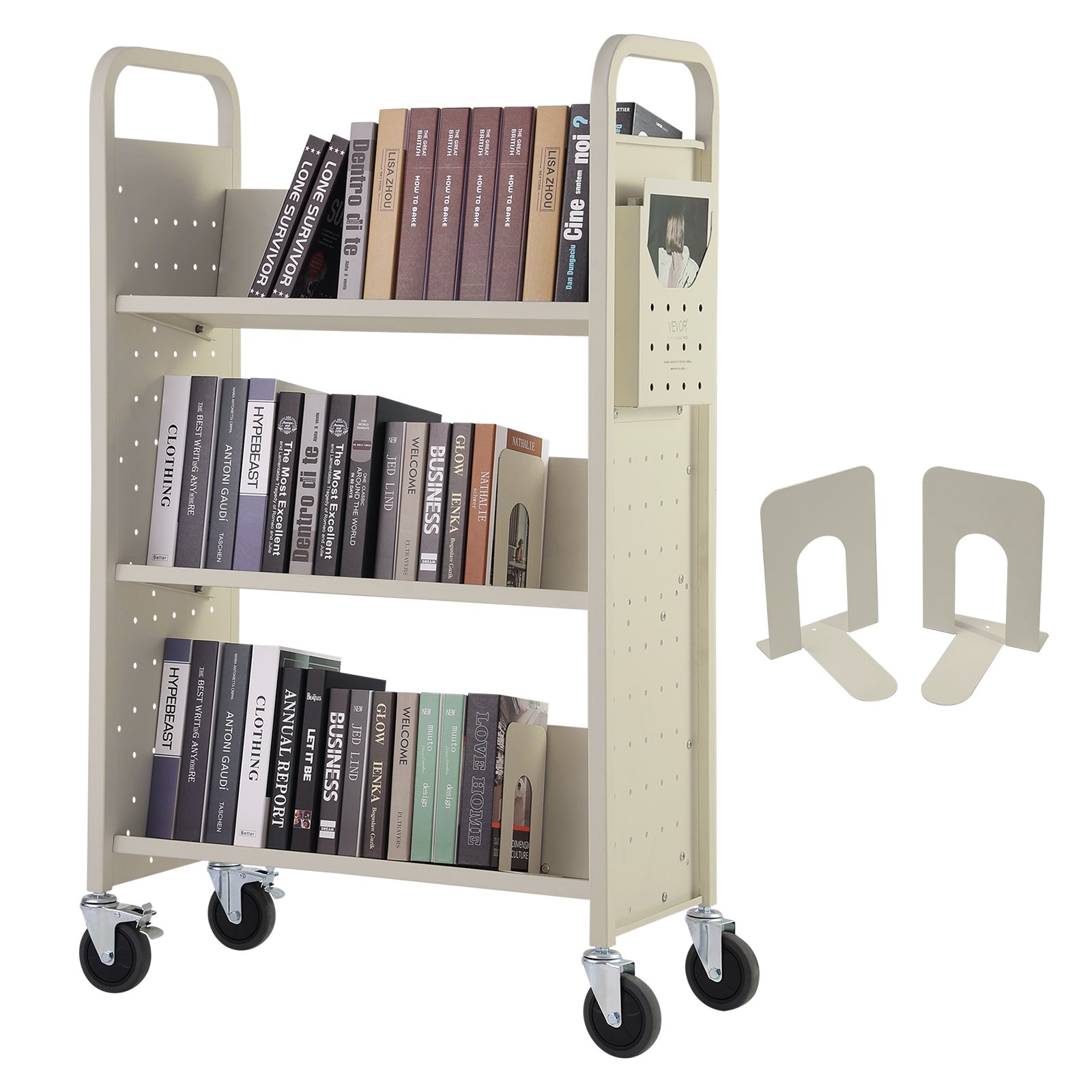 VEVOR Bibliotheekkar 79x38,5x125cm Opruimkar 3 Planken Boekenkar Koolstofstaal + Koudgewalst Staalplaat Serveerkar Draagvermogen 150 kg (50 kg per plank) Inclusief 2 boekensteunen V-vormig Beige