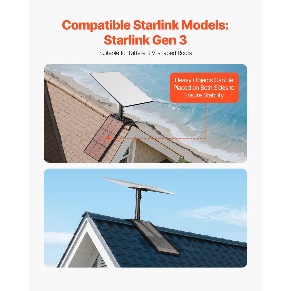VEVOR Starlink Gen 3-bevestiging, 900x200x380 mm, 45°-135° verstelbare dakmontage, met montage-accessoireset, robuuste stalen adapter, 250 mm verbindingsbuis, compatibel met Gen 3 en V3, zwart