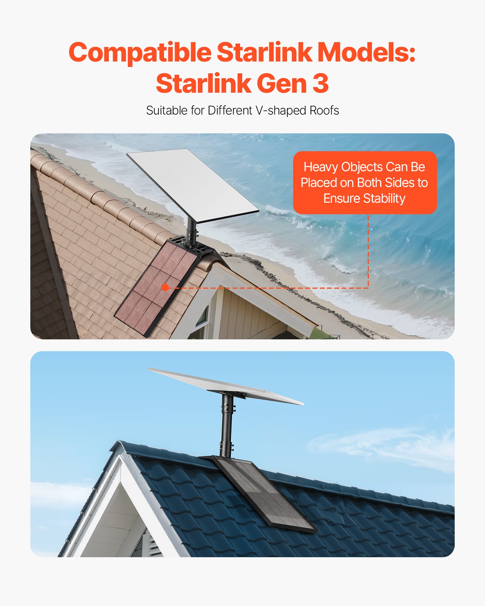 VEVOR Starlink Gen 3-bevestiging, 900x200x380 mm, 45°-135° verstelbare dakmontage, met montage-accessoireset, robuuste stalen adapter, 250 mm verbindingsbuis, compatibel met Gen 3 en V3, zwart
