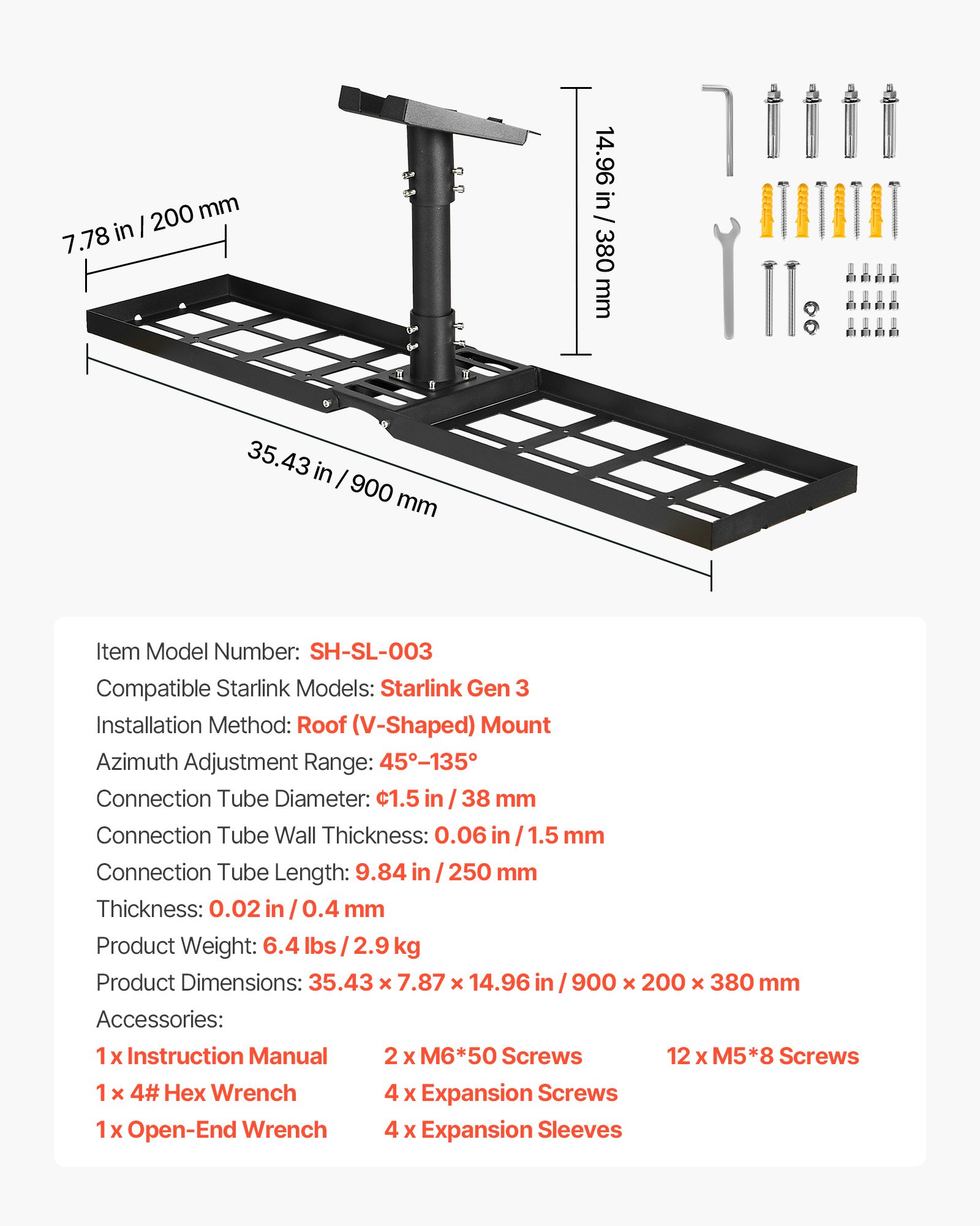 VEVOR Starlink Gen 3-bevestiging, 900x200x380 mm, 45°-135° verstelbare dakmontage, met montage-accessoireset, robuuste stalen adapter, 250 mm verbindingsbuis, compatibel met Gen 3 en V3, zwart