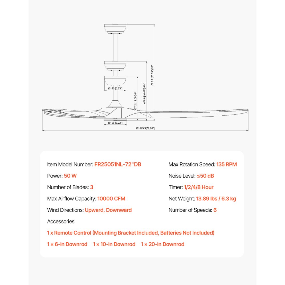 VEVOR 180 cm plafondventilator zonder licht, 6-snelheden afstandsbediening, 3 houten bladen, omkeerbare DC-motor, buitenventilator voor slaapkamer, woonkamer, terras, binnen/buiten, walnoot