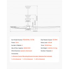 VEVOR 180cm Plafondventilator Houten Bladen Geen Licht Afstandsbediening Motor Omkeerbaar