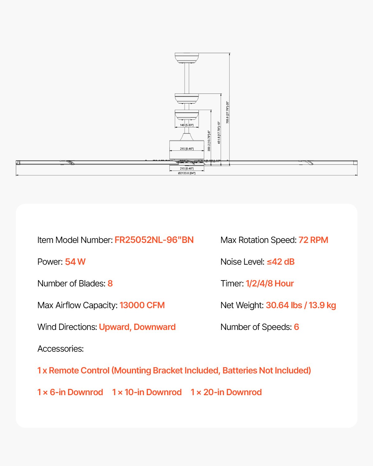 VEVOR 244 cm plafondventilator zonder licht, 6-snelheden afstandsbediening, 8 aluminium bladen, DC-motor, ventilator voor slaapkamer, woonkamer, terras, binnen/buiten, geborsteld nikkel