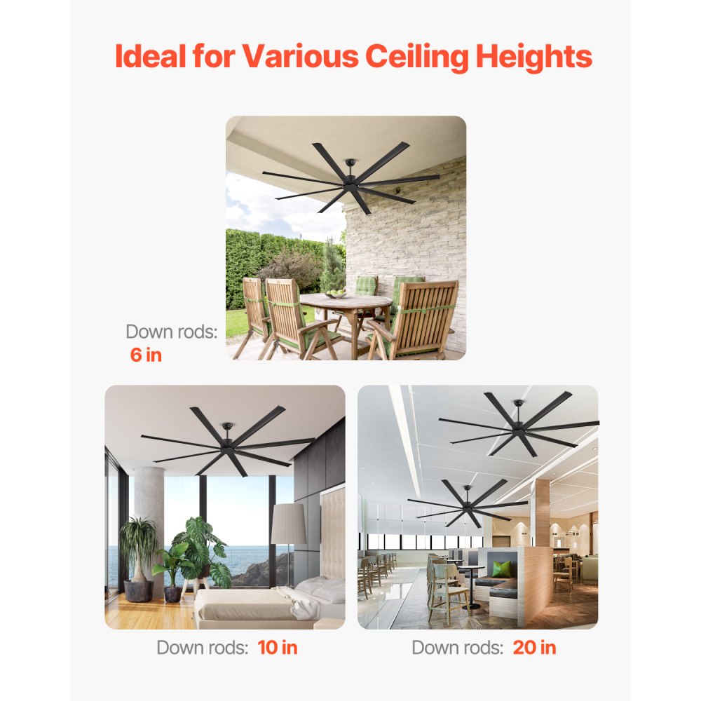VEVOR 244 cm Ceiling Fan No Light, 6-Speed Remote Control, Aluminum 8-Blade, Reversible DC Motor, Modern Low Profile Flush Mount Exterior Fan for Bedroom, Living Room, Patio, Indoor/Outdoor, Black