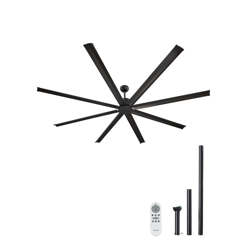 VEVOR 244 cm Ceiling Fan No Light, 6-Speed Remote Control, Aluminum 8-Blade, Reversible DC Motor, Modern Low Profile Flush Mount Exterior Fan for Bedroom, Living Room, Patio, Indoor/Outdoor, Black