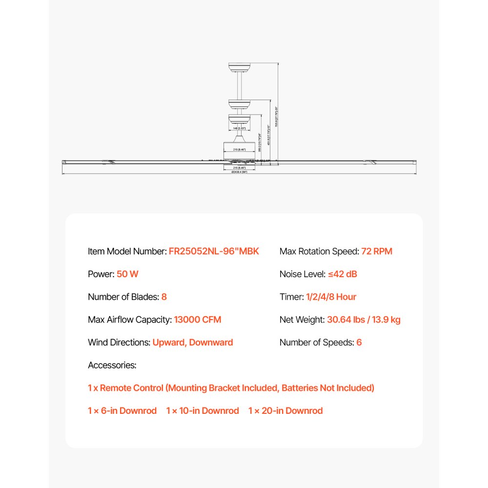 VEVOR 243 cm plafondventilator zonder licht, 6-snelheden afstandsbediening, 8 aluminium bladen, omkeerbare DC-motor, ventilator voor slaapkamer, woonkamer, terras, binnen/buiten, zwart