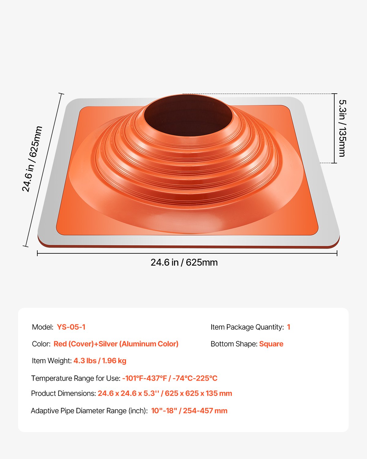 VEVOR Roof Pipe Flashing Boot, Fit Pipe OD 10" to 18", Flexible Silicone Roofing Jack Pipe Flashing, High Temp -101℉ to 437℉, Endurable Square Metal Base, for Chimney, Wood Stove & Outdoor Vent Pipes
