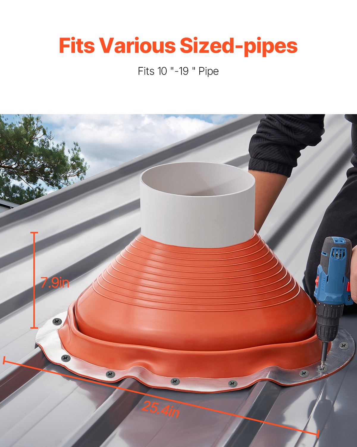 VEVOR Roof Pipe Flashing Boot, Fit Pipe OD 10" to 19", Flexible Silicone Roofing Jack Pipe Flashing, High Temp -101℉ to 437℉, Lasting Round Red Metal Base, for Chimney, Wood Stove & Outdoor Vent Pipe