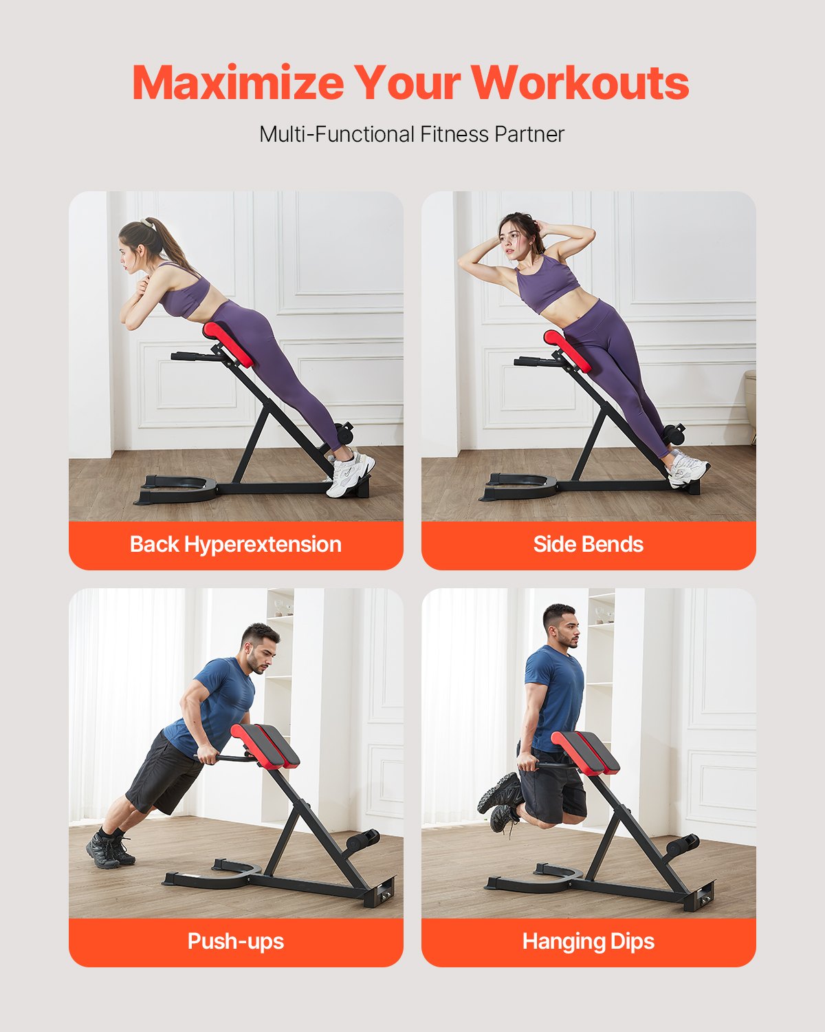 VEVOR Roman Chair Hyperextension Bench, 300 lbs Adjustable Extension Machine, Multi-Function Exercise Equipment for Glute, Hamstring, Lower Back, and Ab Workout, Fitness Weight Bench for Home Gym