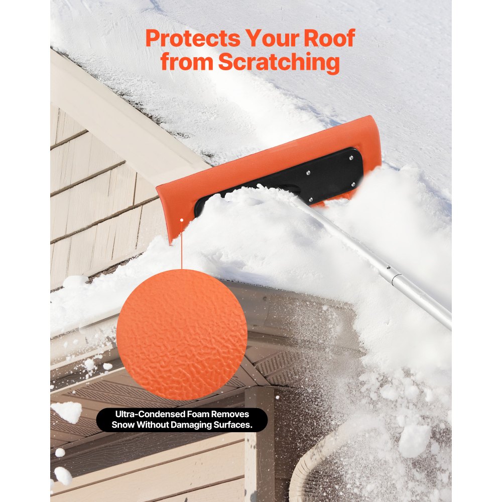 VEVOR Snow Roof Rake, 17.7 in Foam Blade, 7.3-18.4 ft Adjustable Roof Snow Scraper, Extension Tubes & Non-Slip Handle, Lightweight Snows Removal Tool for House Leaves Debris Clearing