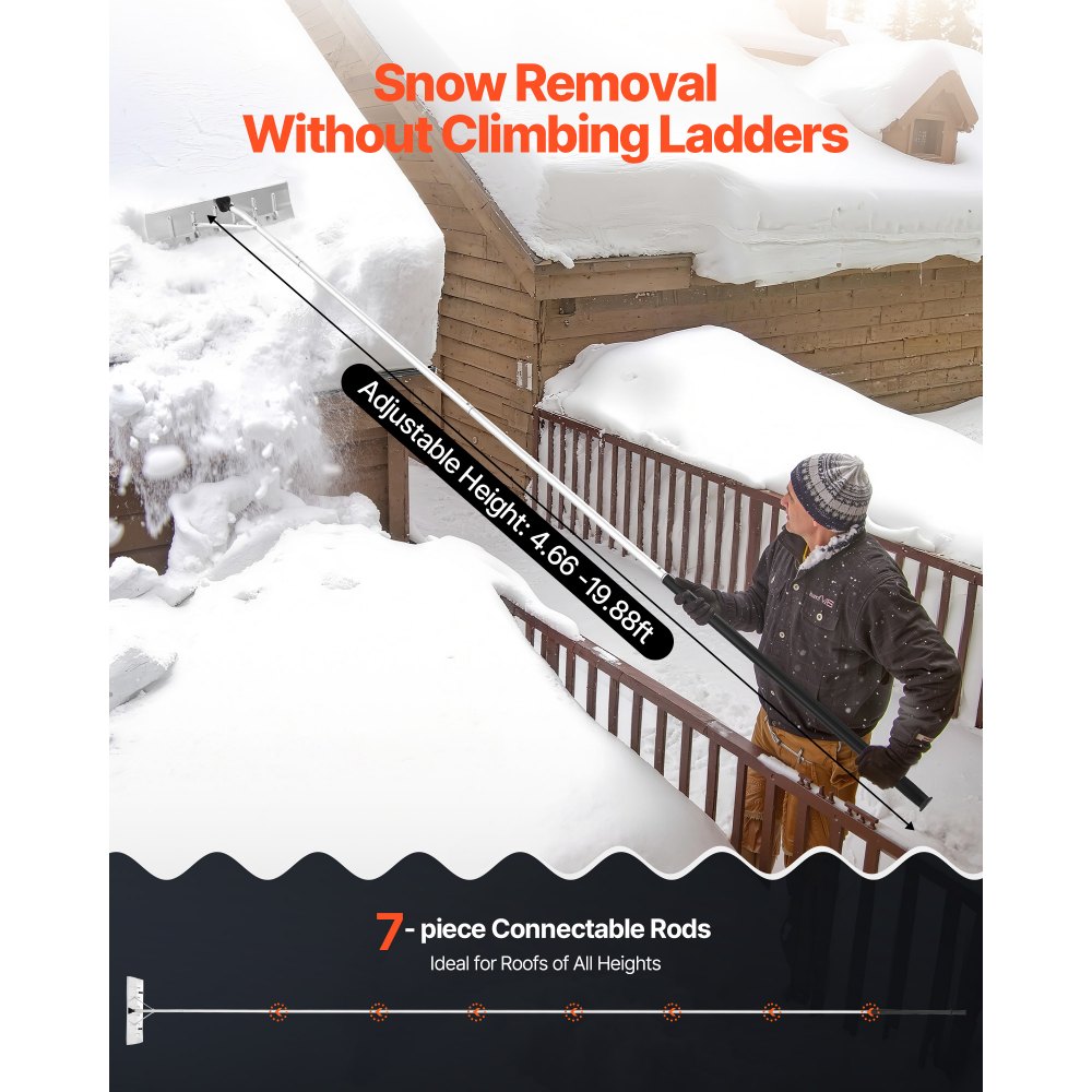 VEVOR Sneeuwdakhark, 66 cm aluminium blad, 142–606 cm verstelbare sneeuwschuiver met wielen, sneeuwruimgereedschap met antislip handvat, dakhark voor het verwijderen van bladeren en sneeuw