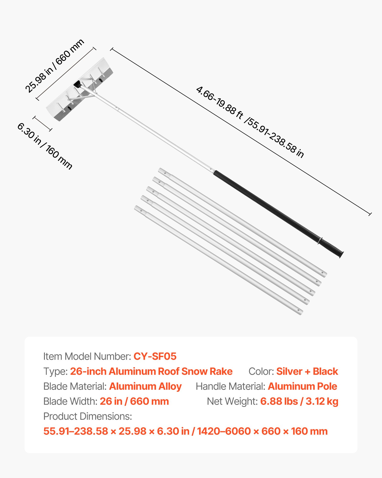 VEVOR Sneeuwdakhark, 66 cm aluminium blad, 142–606 cm verstelbare sneeuwschuiver met wielen, sneeuwruimgereedschap met antislip handvat, dakhark voor het verwijderen van bladeren en sneeuw
