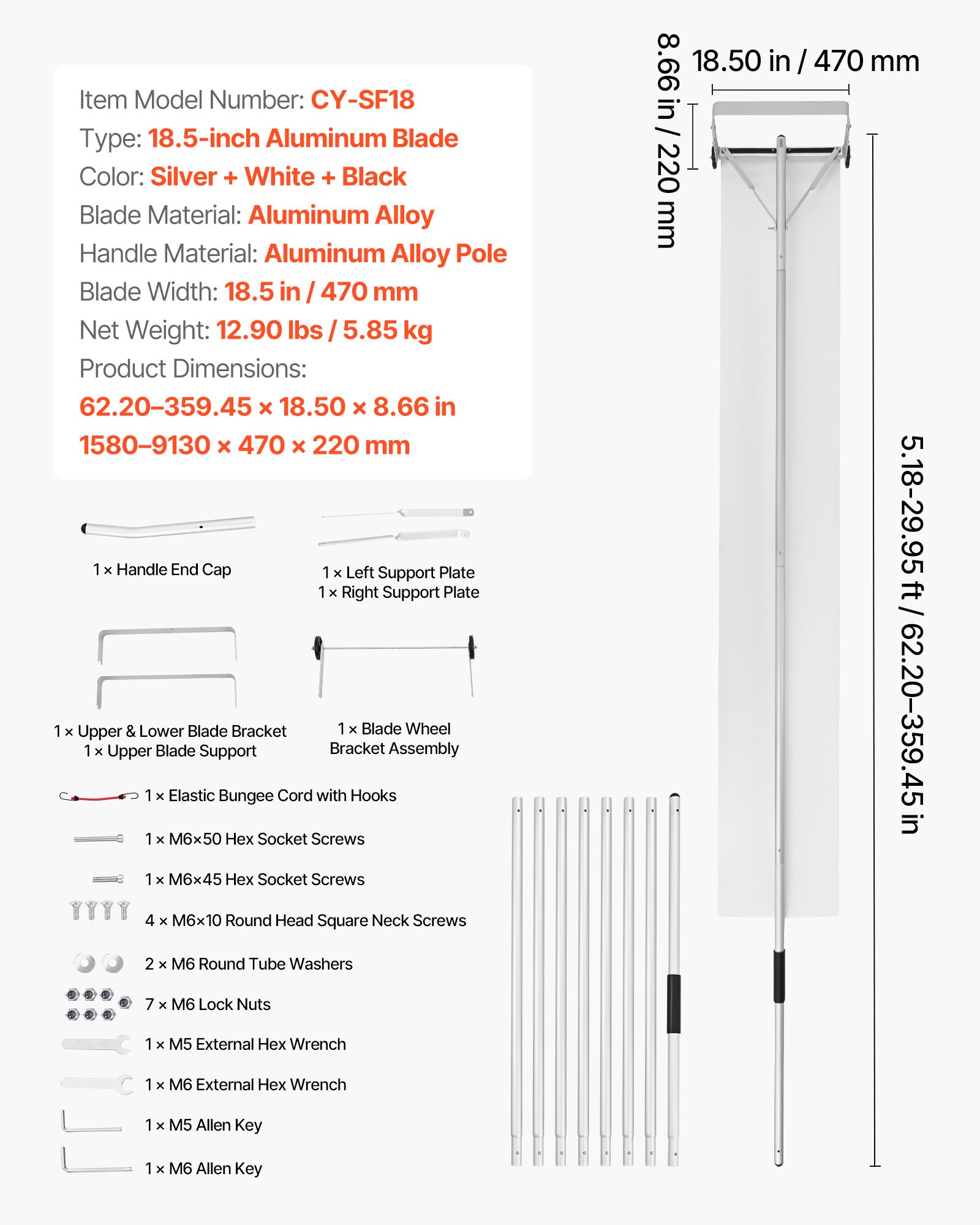 VEVOR Snow Roof Rake, 18.5 in Aluminum Blade, 5.2-30 ft Adjustable Roof Snow Scraper with Wheels & Slide, , Lightweight Snows Removal Tool for House Rooftop Leaves Debris Clearing