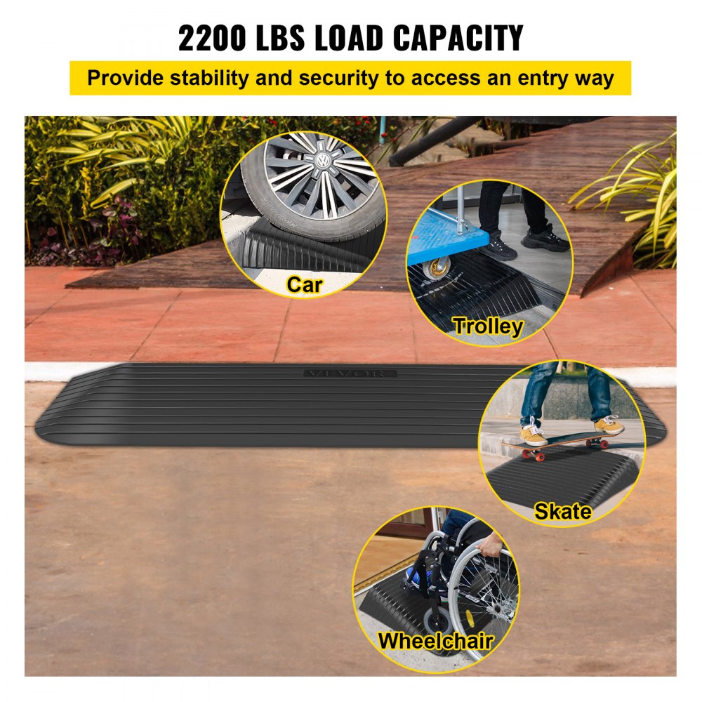 VEVOR Rubberen Oprit 110 x 32 x 3,8 cm Curb Hellingen Zwarte Rolstoel Oprijplaat Gemaakt van Gerecycled Rubber met een Laadvermogen tot 1000 kg en Antislipstrip Geschikt voor Verschillende Voertuigen