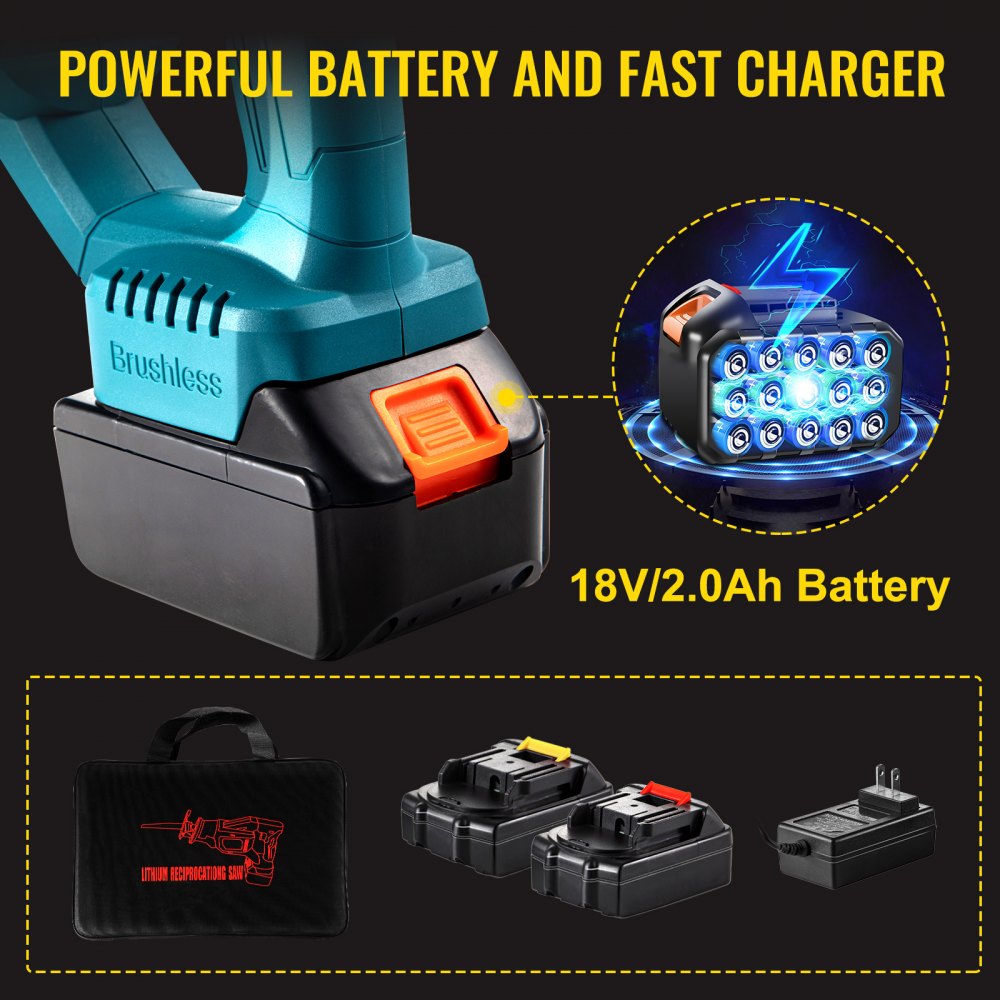 VEVOR Accu-reciprozaag Reciprozaag met variabele snelheid 18V 2 batterij