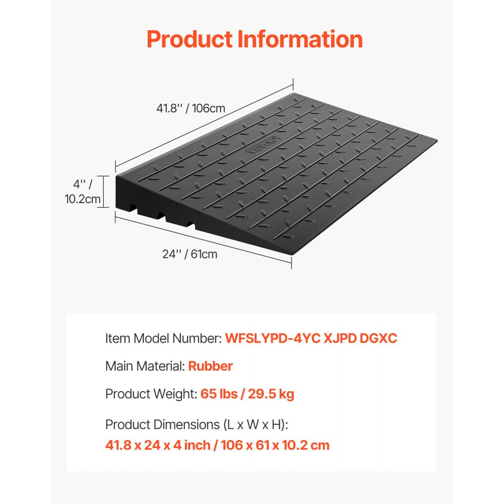 VEVOR Rubber Threshold Ramp, 4\" Rise Threshold Ramp Doorway, 3 Channels Cord Cover Rubber Solid Threshold Ramp, Rubber Angled Entry Rated 2200 Lbs Load Capacity for Wheelchair and Scooter