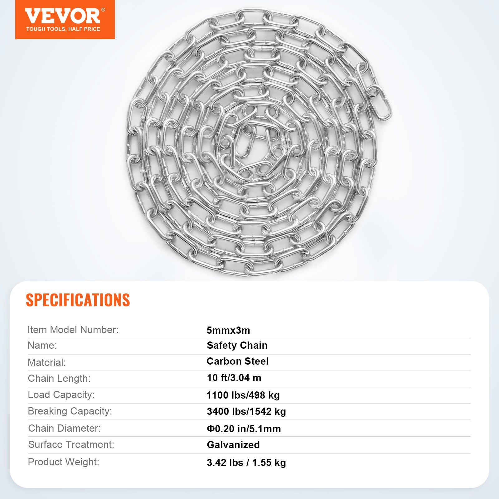 VEVOR Proof Coil Chain, 3/16" x 10', 1100 lbs veilige werklast, gegalvaniseerde Proof Coil Chain met twee snelkoppelingen, verzinkte koolstofstalen schakelketting voor slepen, ophangen, kamperen en het slepen van huisdieren