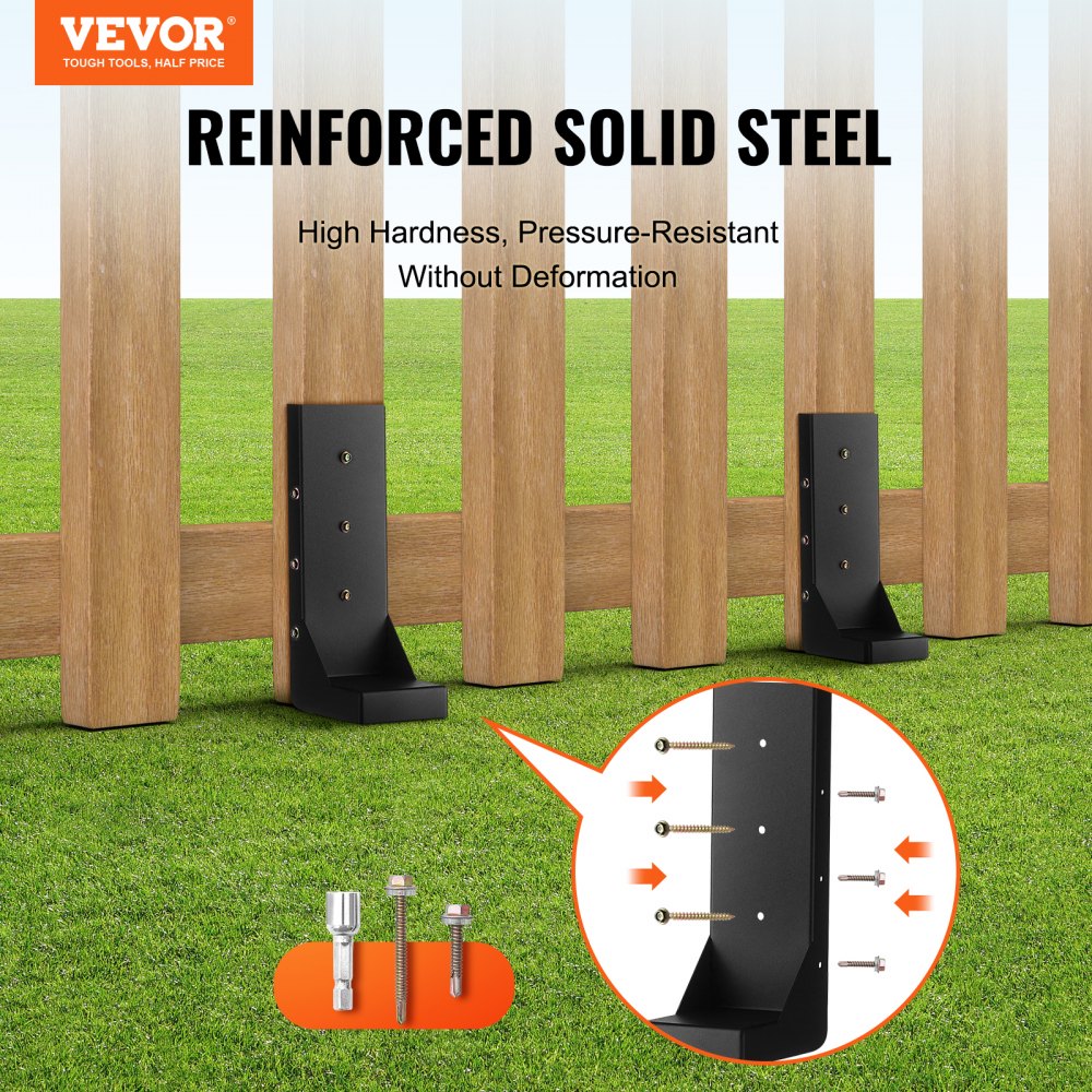 VEVOR Hekpaalanker Reparatieset 6-pack Binnendiameter 3,5 x 3,5 inch Stalen hekpaalsteunanker Grondpen voor het repareren van scheve, gebroken houten hekpalen Wikkel