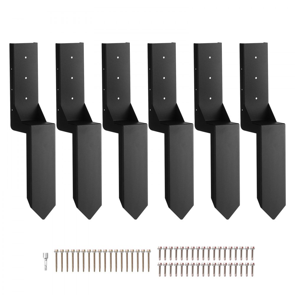 VEVOR Hekpaalanker Reparatieset 6-pack Binnendiameter 3,5 x 3,5 inch Stalen hekpaalsteunanker Grondpen voor het repareren van scheve, gebroken houten hekpalen Wikkel