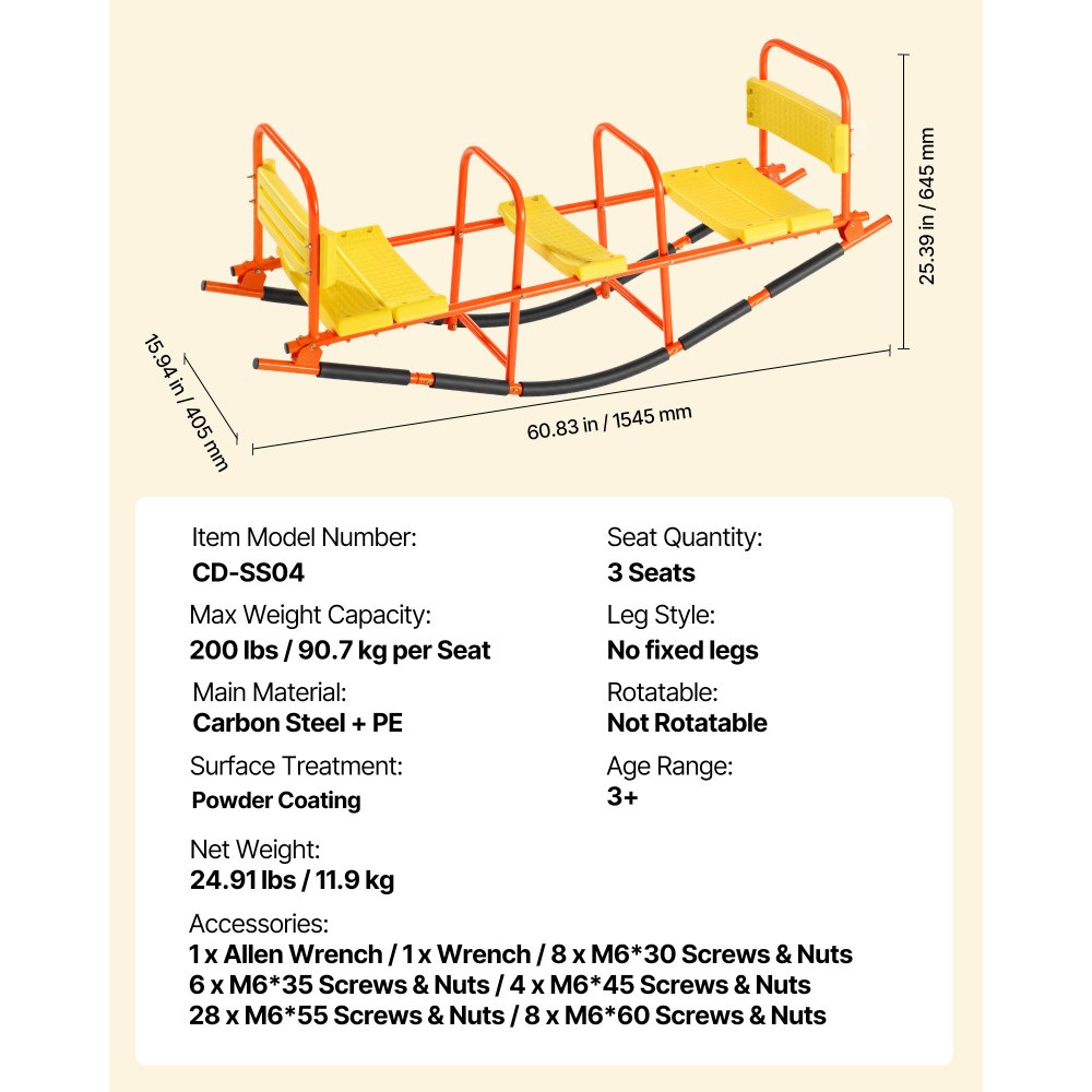 VEVOR Kids Seesaw, 200 lbs Load Capacity, Metal Rocking Teeter Totter with Handles, Toddler Seesaw for Children Aged 3+, Kids Outdoor Playground Equipment for Lawn, Backyard, Playground, 2 Seats