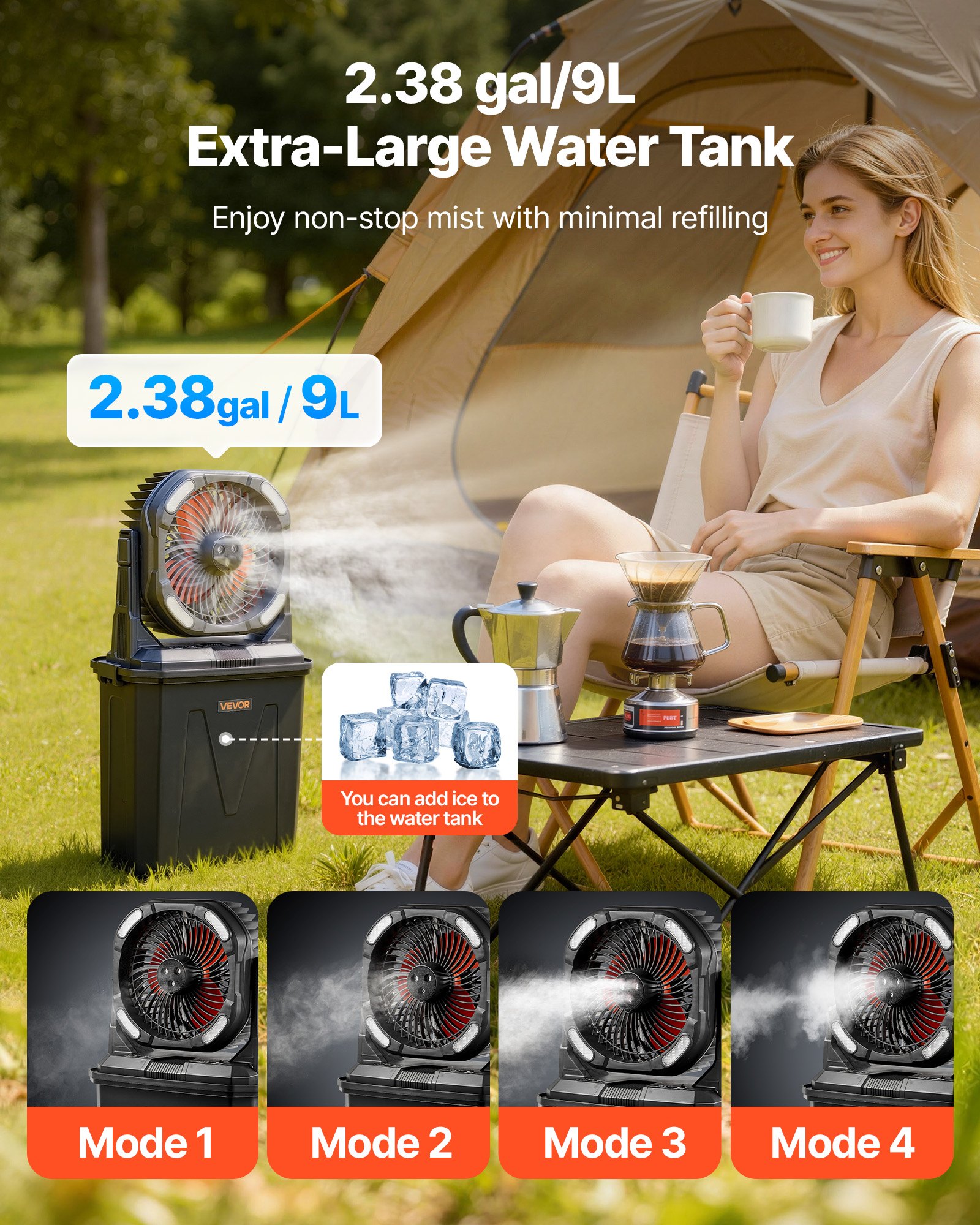 VEVOR Campingventilator, 2700 RPM motor, vernevelingsventilator, vernevelingsventilator met 9L watertank, 10000mAh accu, 4 windsnelheden en 5 lichtstanden, draagbare staande ventilator voor kamperen, vissen en reizen