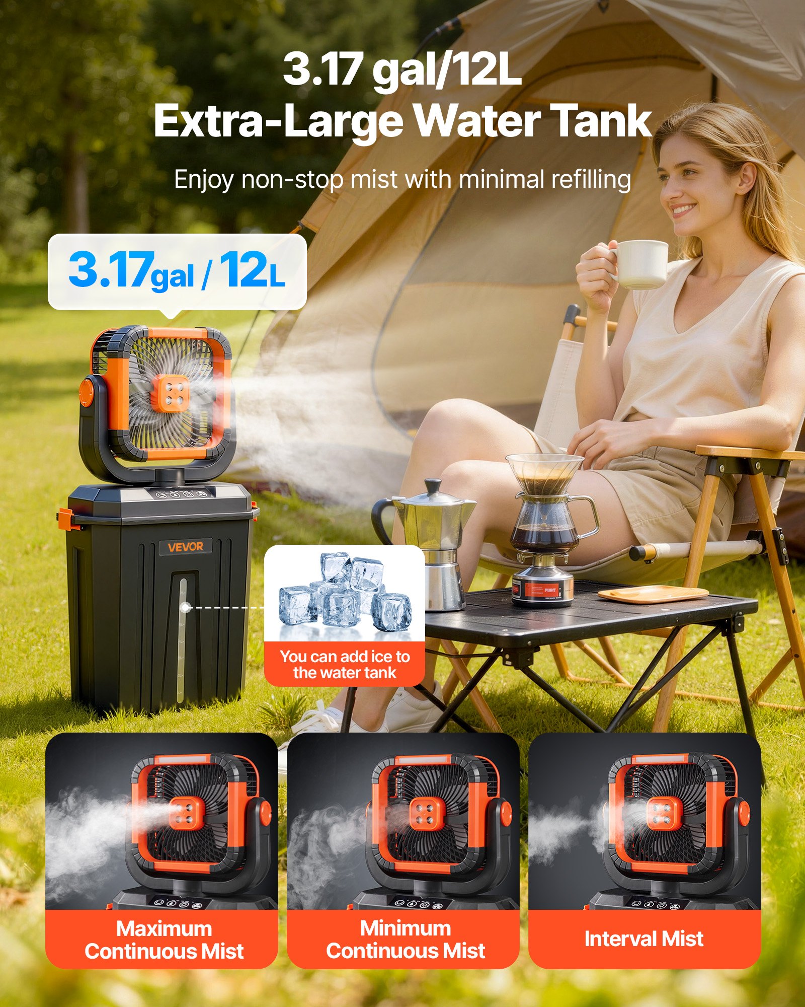 VEVOR Misting Fan, 2400RPM Motor Camping Misting Fan, Mister Cooling Fans with 3.17 gal Water Tank, 20000mAh Battery, 4-Speed Wind & 3 Lighting Modes, Water Cooling Fans for Indoor, Outdoor, Patio