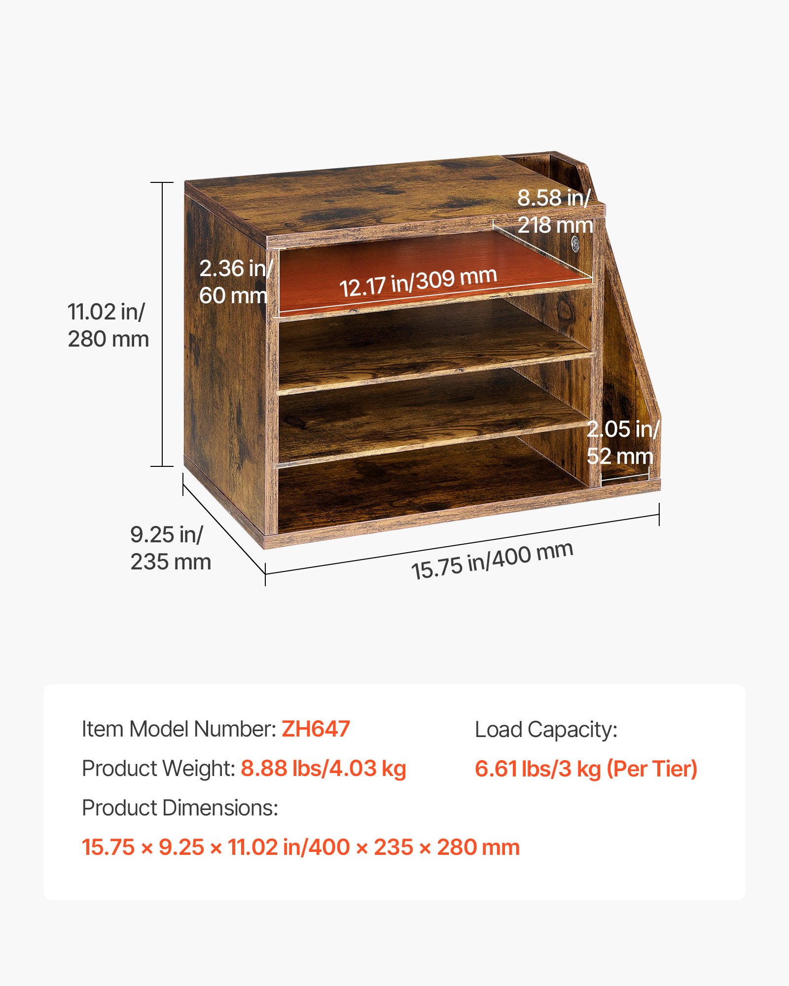 VEVOR Brievenbak met 4 vakken en uitneembare planken, houten documentenbak met dossierhouder, dossierorganizer voor kantoor en klaslokaal, opbergbak voor dossiers, documenten en papier, bruin