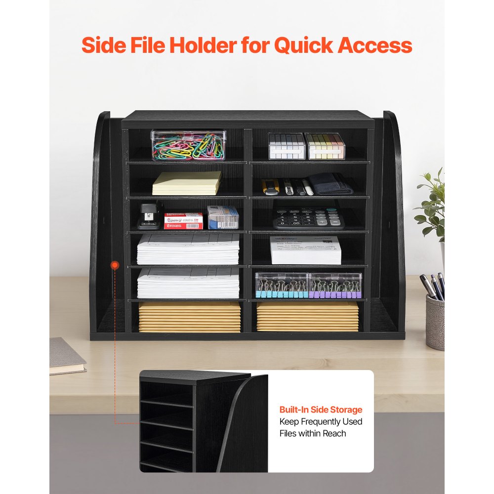 VEVOR Literature Organizer, 12 Compartments Office Mailbox with Side Vertical Storage, Wooden Mailbox Sorter Made of Particle Board, Countertop Office Home  Organizer for File, Document, Paper, Black