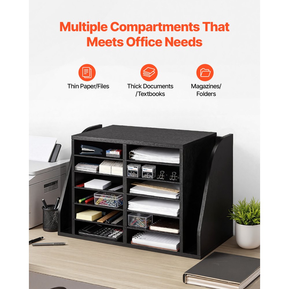 VEVOR Literature Organizer, 12 Compartments Office Mailbox with Side Vertical Storage, Wooden Mailbox Sorter Made of Particle Board, Countertop Office Home  Organizer for File, Document, Paper, Black