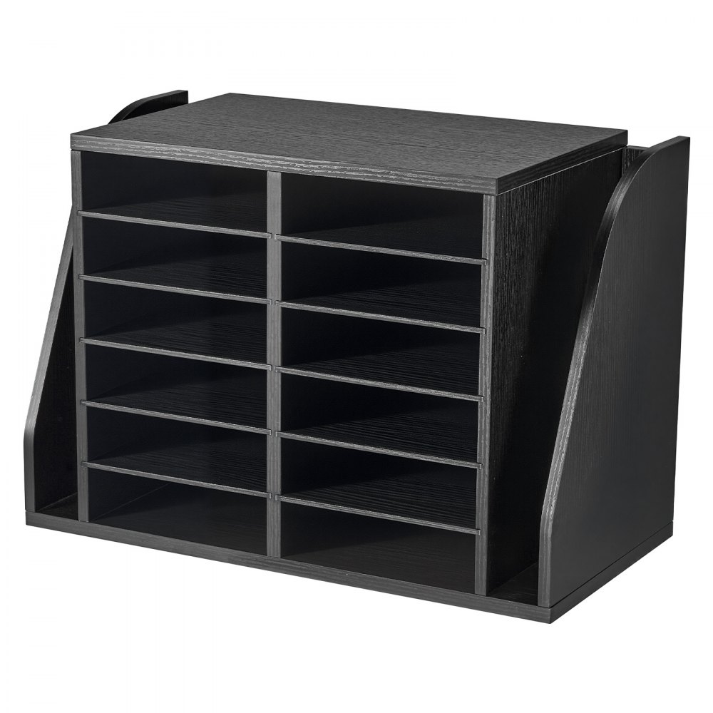 VEVOR Literature Organizer, 12 Compartments Office Mailbox with Side Vertical Storage, Wooden Mailbox Sorter Made of Particle Board, Countertop Office Home  Organizer for File, Document, Paper, Black
