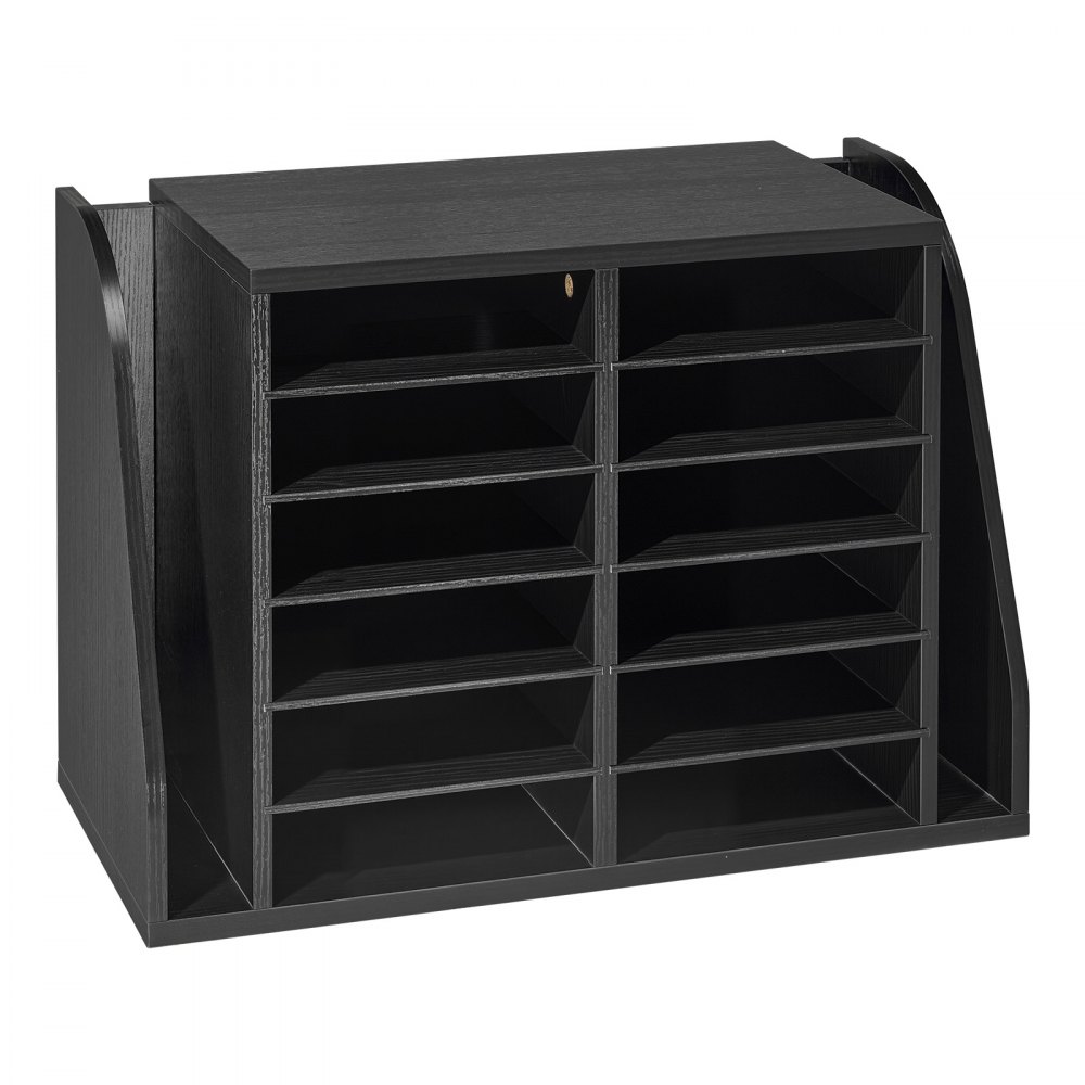 VEVOR Literature Organizer, 12 Compartments Office Mailbox with Side Vertical Storage, Wooden Mailbox Sorter Made of Particle Board, Countertop Office Home  Organizer for File, Document, Paper, Black