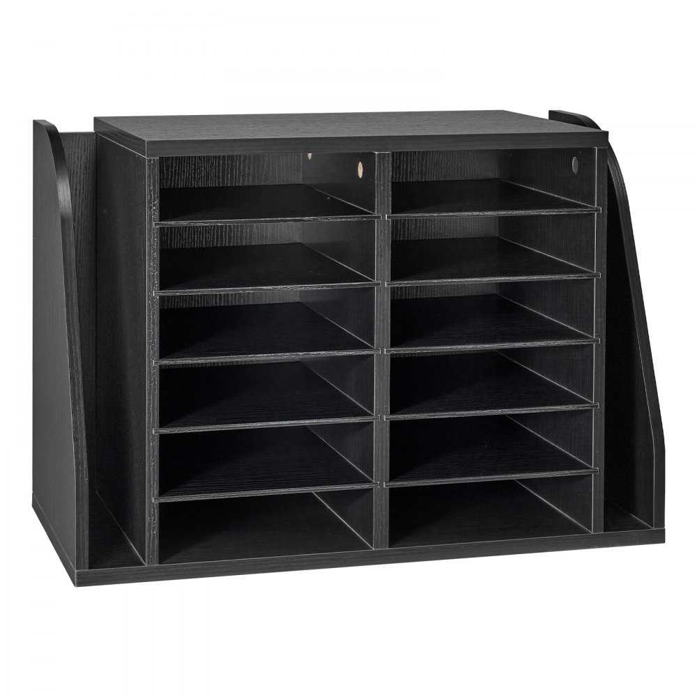 VEVOR Literature Organizer, 12 Compartments Office Mailbox with Side Vertical Storage, Wooden Mailbox Sorter Made of Particle Board, Countertop Office Home  Organizer for File, Document, Paper, Black