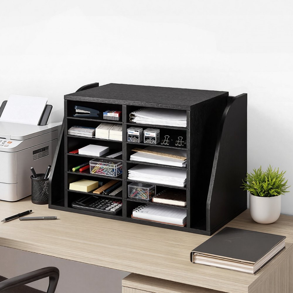 VEVOR Brievenbak met 12 vakken en staande archiefkast, documentenbak van spaanplaat, archiefhouder voor kantoor en klaslokaal, boekenorganizer voor dossiers, documenten en papier, bureau-organizer, zwart