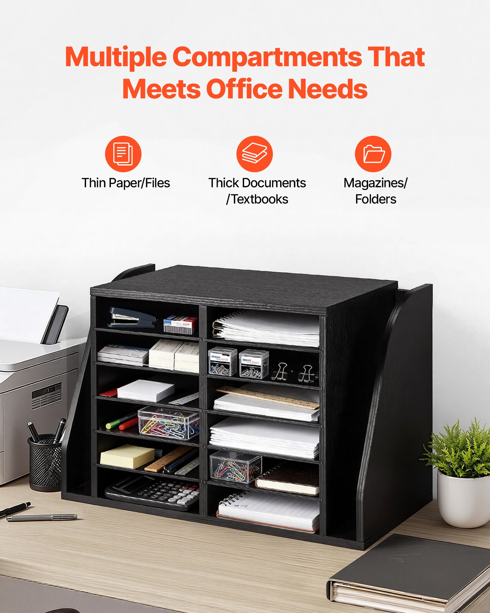 VEVOR Literature Organizer, 12 Compartments Office Mailbox with Side Vertical Storage, Wooden Mailbox Sorter Made of Particle Board, Countertop Office Home  Organizer for File, Document, Paper, Black