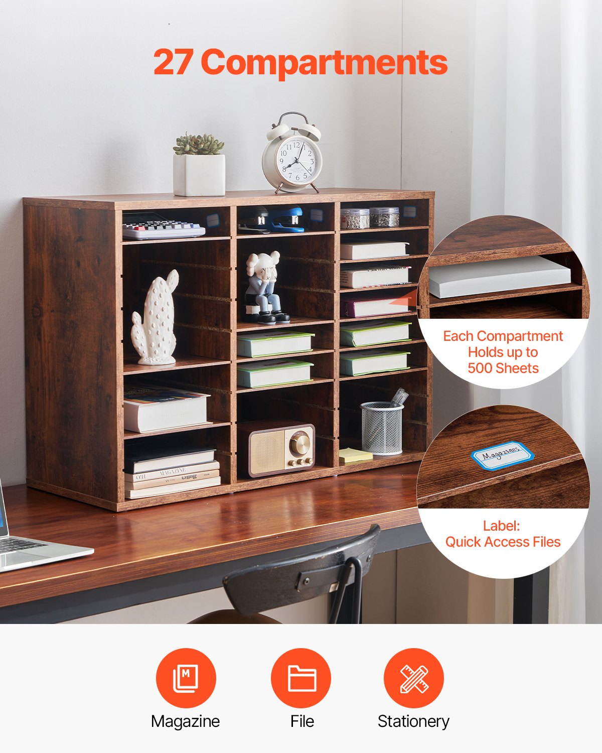 VEVOR Literature Organizer, 27 Compartments Office Mailbox with Removable Shelves, Wood Mailbox Sorter Particle Board Office Home Classroom Storage, File Sorter for File, Document, Paper, Dark Brown