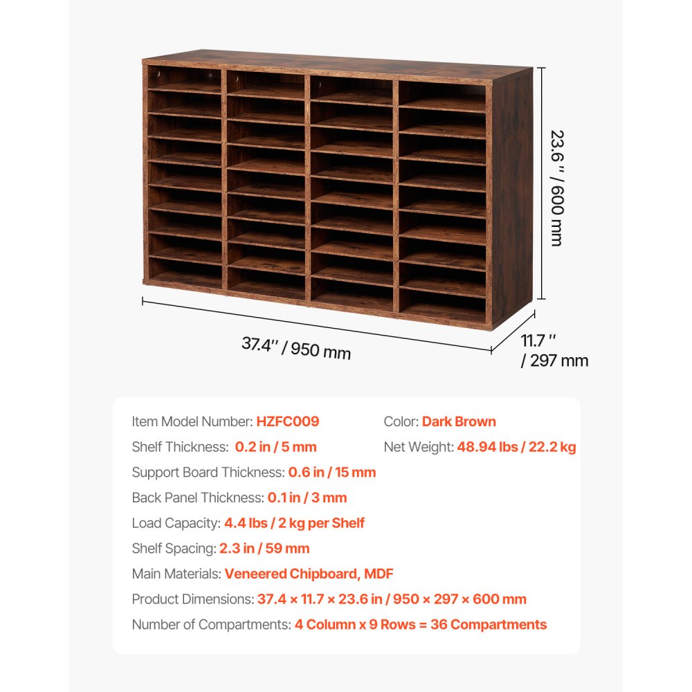 VEVOR Literature Organizer, 36 Compartments Office Mailbox with Removable Shelves, Wood Mailbox Sorter Particle Board Office Home Classroom Storage, File Sorter for File, Document, Paper, Dark Brown