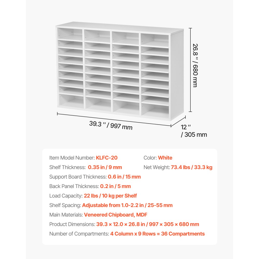VEVOR Literature Organizer, 36 Compartments Office Mailbox with Adjustable Shelves, Wooden Mailbox Sorter Medium Density Fiberboard Office Home Classroom Storage for Files, Documents, Papers, White