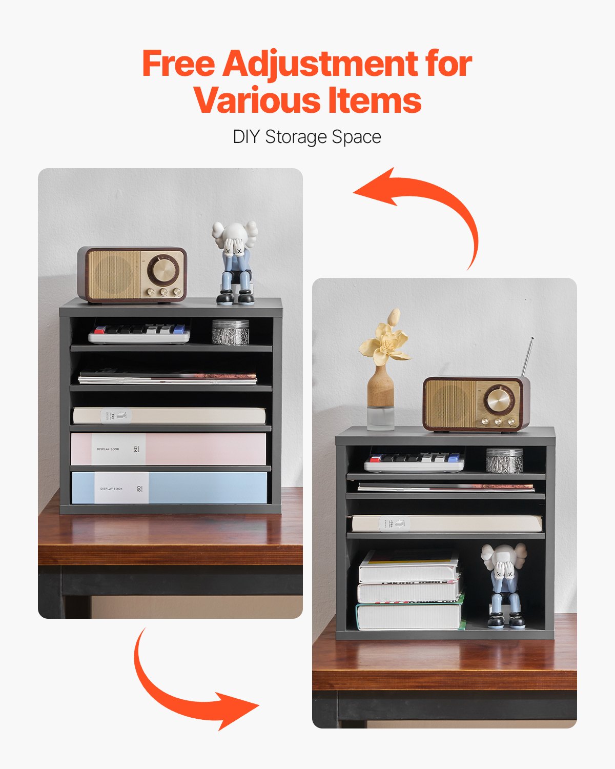 VEVOR Literatuur Organizer Documentenbak met 5 compartimenten en verstelbare planken, Bestandssorteerder Brievenbak Documentenopslag Gemaakt van spaanplaat en MDF, Opbergruimte voor Kantoor Klaslokaal Grijs